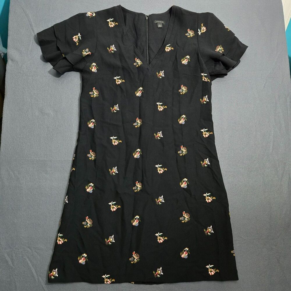Ann Taylor Shift Dress Women 4 Black Floral V Neck Zipper Back Flutter Sleeve